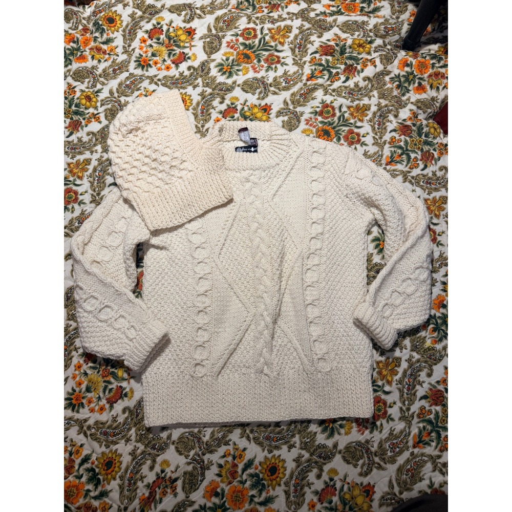 Vintage Galway Irish Hand Knit Wool Aran Sweater and Balaclava Set Cream - XS